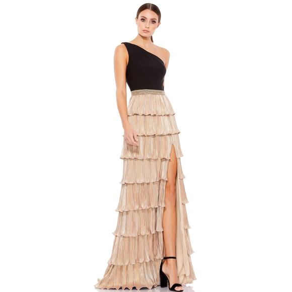 Mac Duggal 26541 One Shoulder Black Gold Layered Ruffle Metallic Gown Dress 12 - Picture 1 of 10